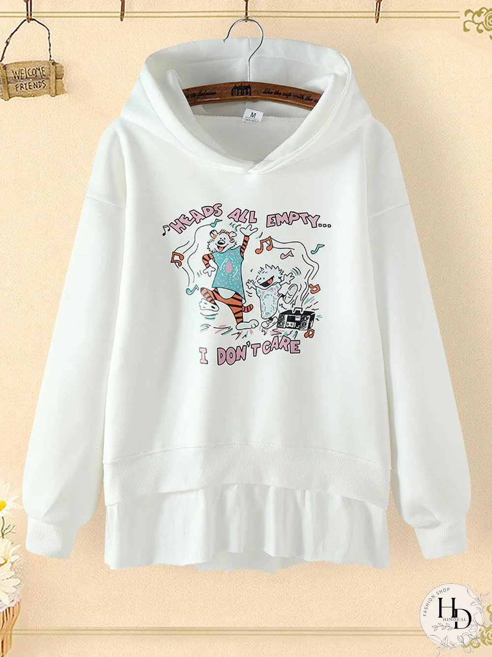 Cutie Cartoon Print Hooded Stitching Hem Casual Hoodies