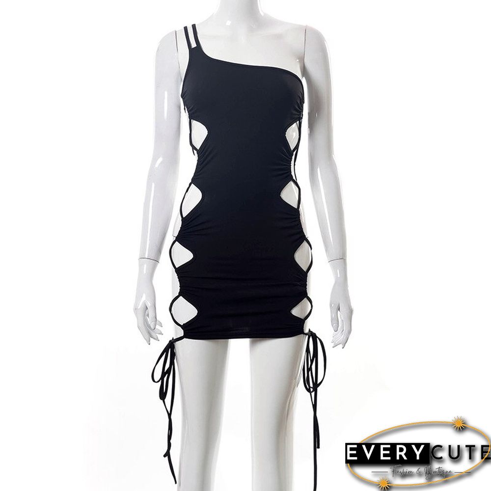 Spring And Summer New Solid Color One-shoulder Open Back Hollow Dress Feminine Slim Lace-up Hip Short Dress Women