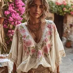 Pink Floral Embroidered V Neck Bohemian Linen T Shirt - Image 2