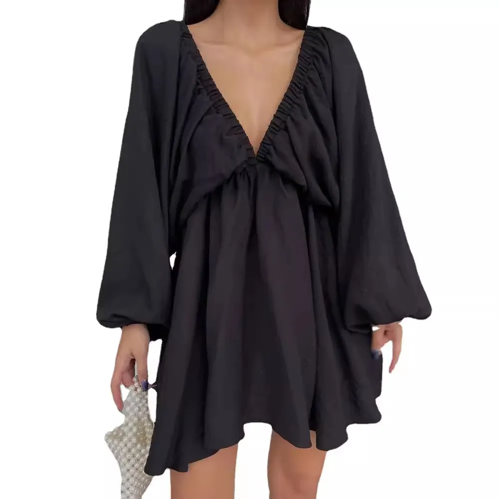 Nigikala Nigikala New V-Necked Long-Sleeved Dress Independent Design Bubble Sleeve Dress