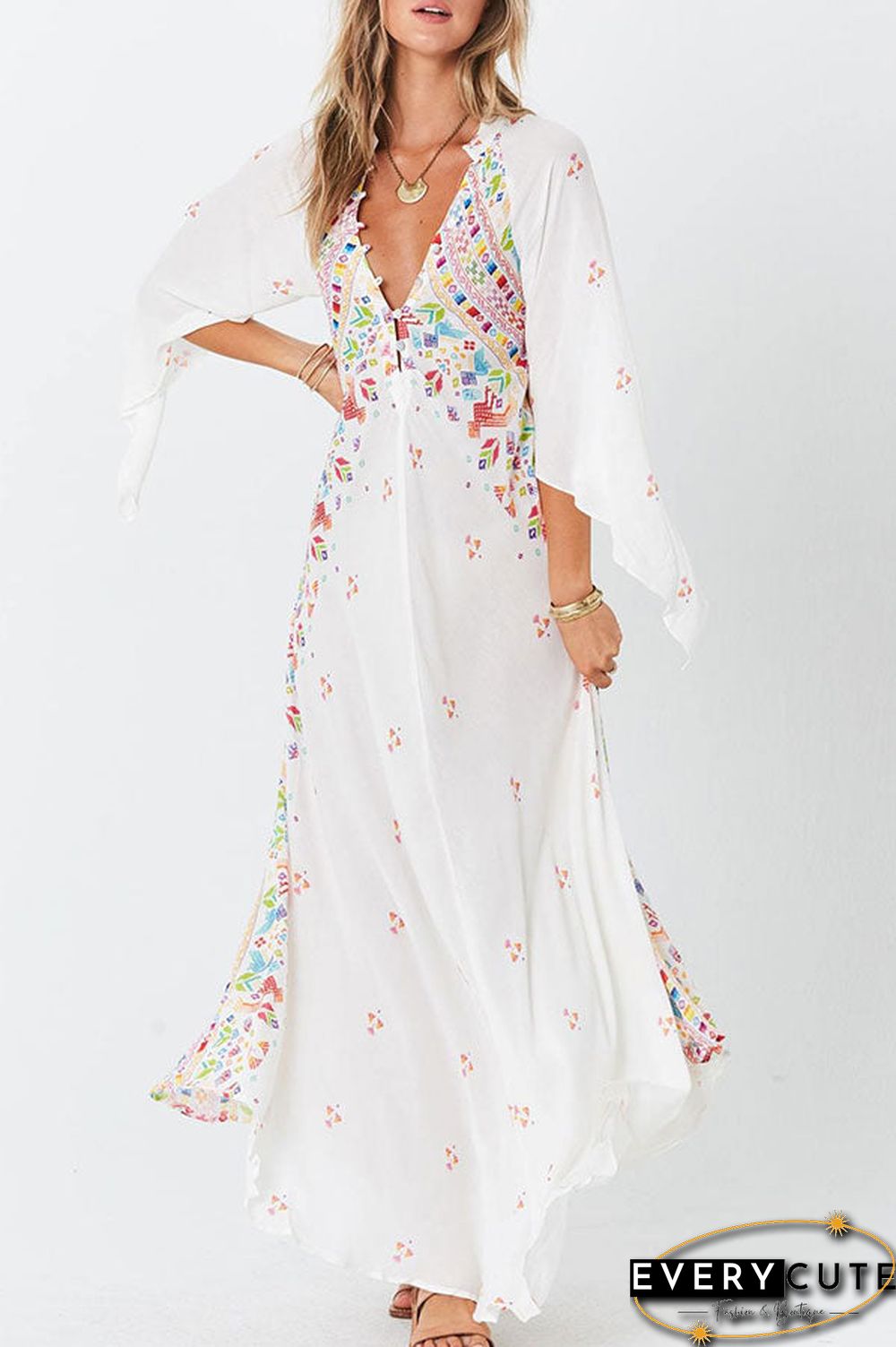 Boho White V-neck Print Dress