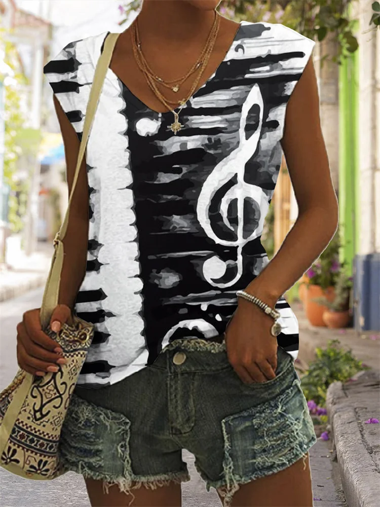 Piano Music Notes Art V Neck Tank Top