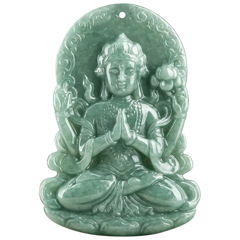 Four-armed Kwan Yin Avalokitesvara Natural Jade Abundance String Necklace Pendant