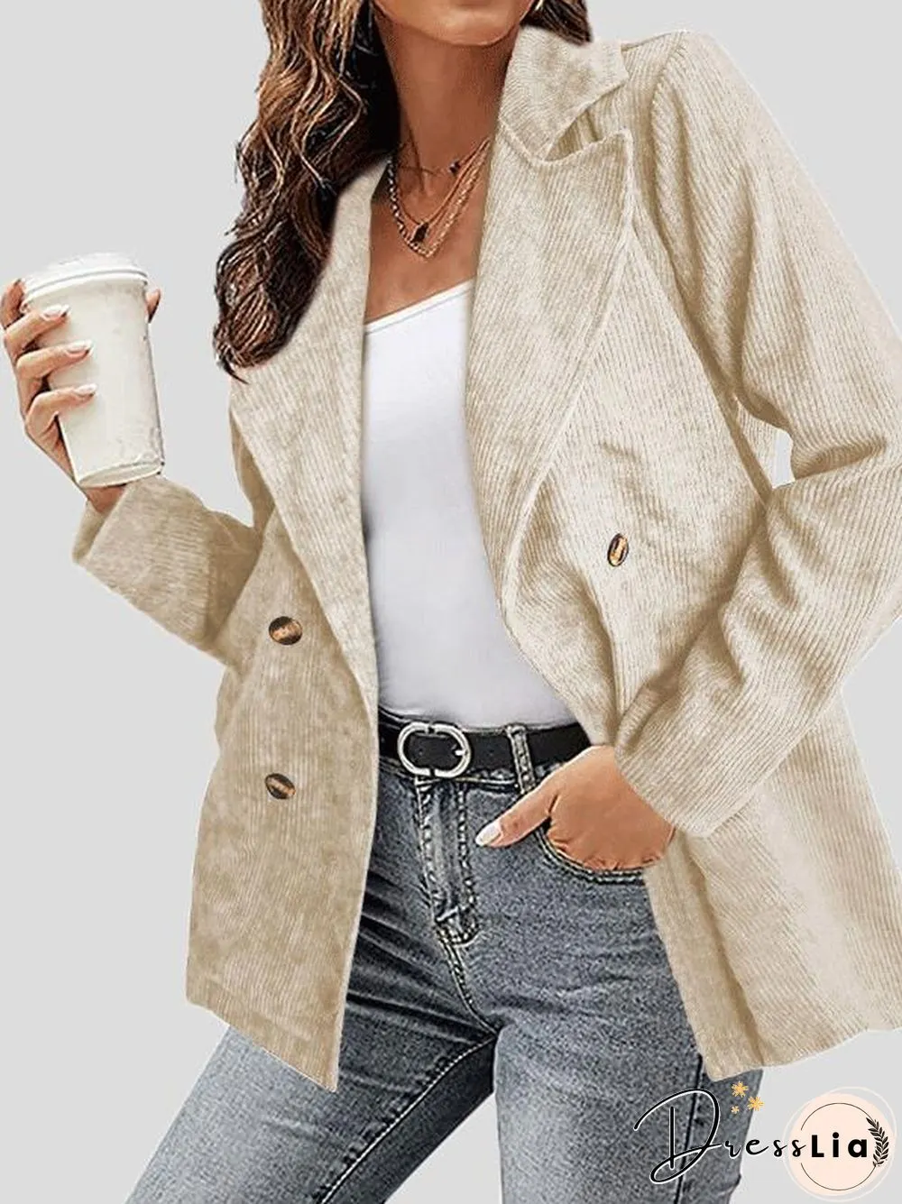 Women Notched Lapel Corduroy Coat