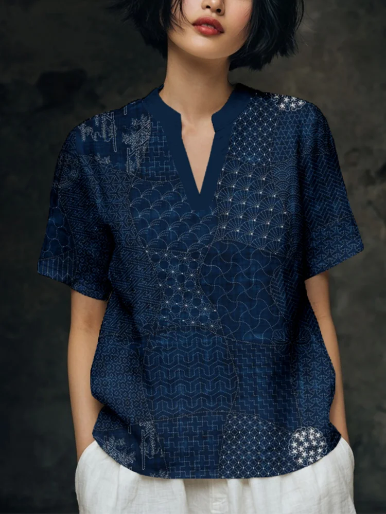 Japanese Traditional Sashiko Art Comfy Linen Tunic