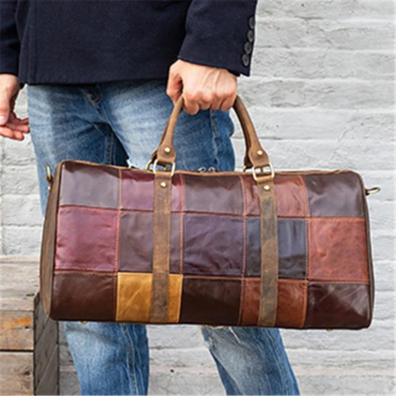 Unisex Leather Large Capacity Multicolor Patchwork Duffel Bags Travel Bag