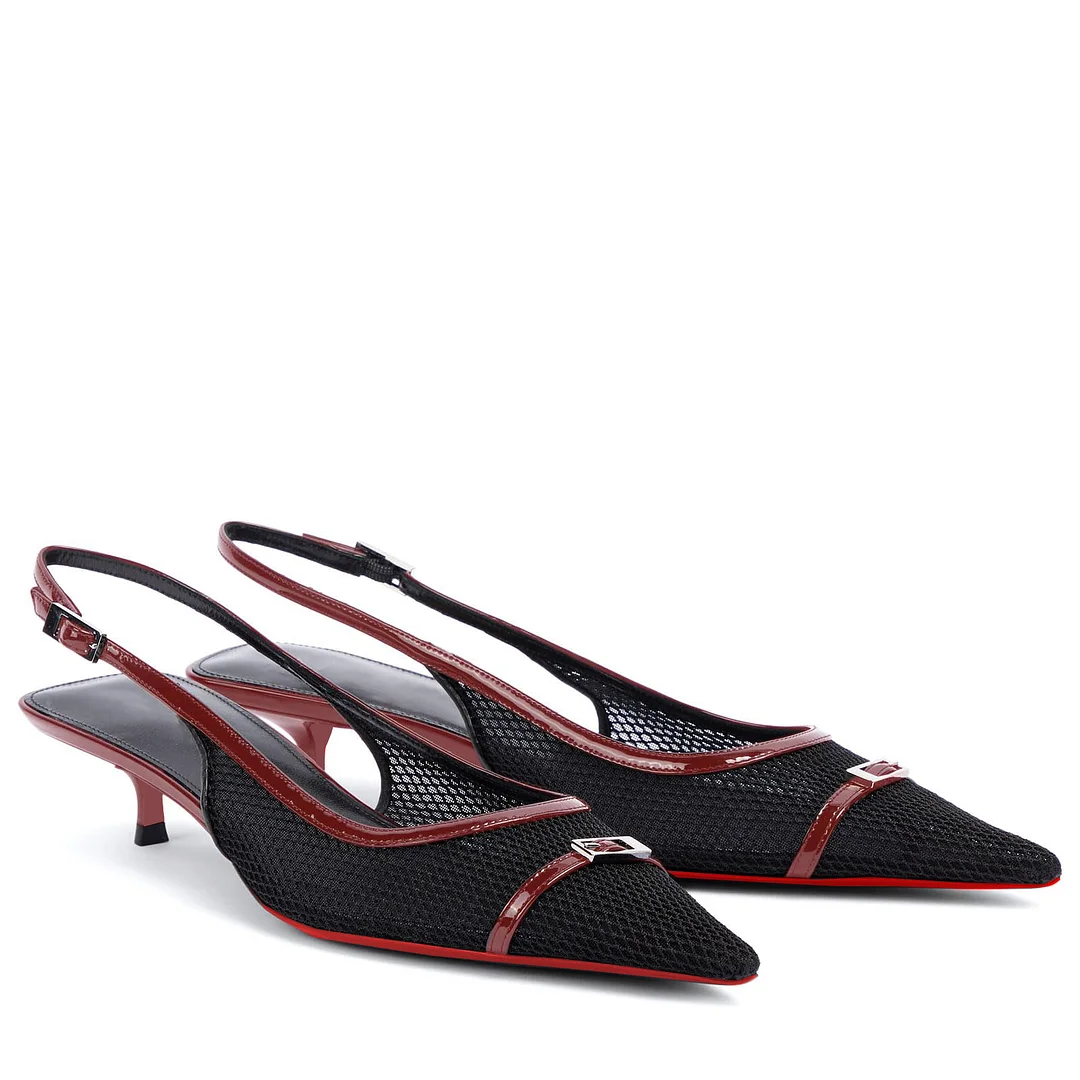 2.36" Women's Pointed Toe Red Bottom Sandals Slingback Shoes Kitten Heel Pumps Mesh Summer Shoes-MERUMOTE