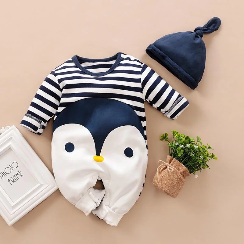 Striped Penguin Print Jumpsuit and Hat