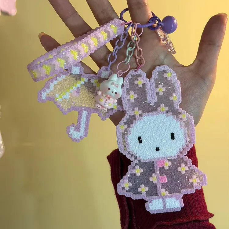 Handmade Pink Raincoat & Umbrella Bunny Bead Art Keychain with Bunny Resin Charm