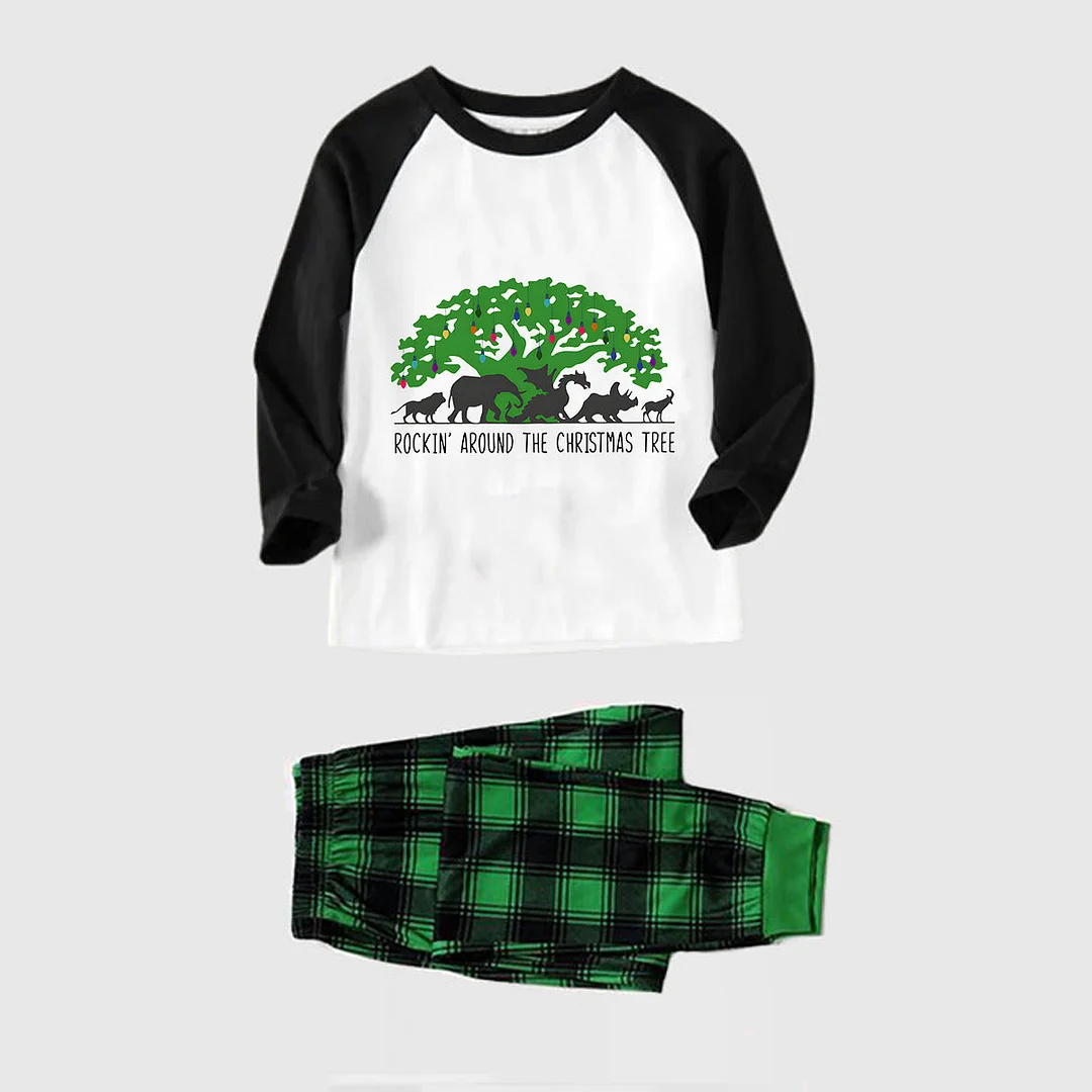 Family Christmas Shirts Christmas Tree Animal Kingdom Animal Kingdom Patterned and 'ROCKIN AROUND THE CHRISTMAS TREE' Letter Print Casual Long Sleeve Sweatshirts Black Contrast Top and Black and Gren Plaid Pants Family Matching Pajamas Sets