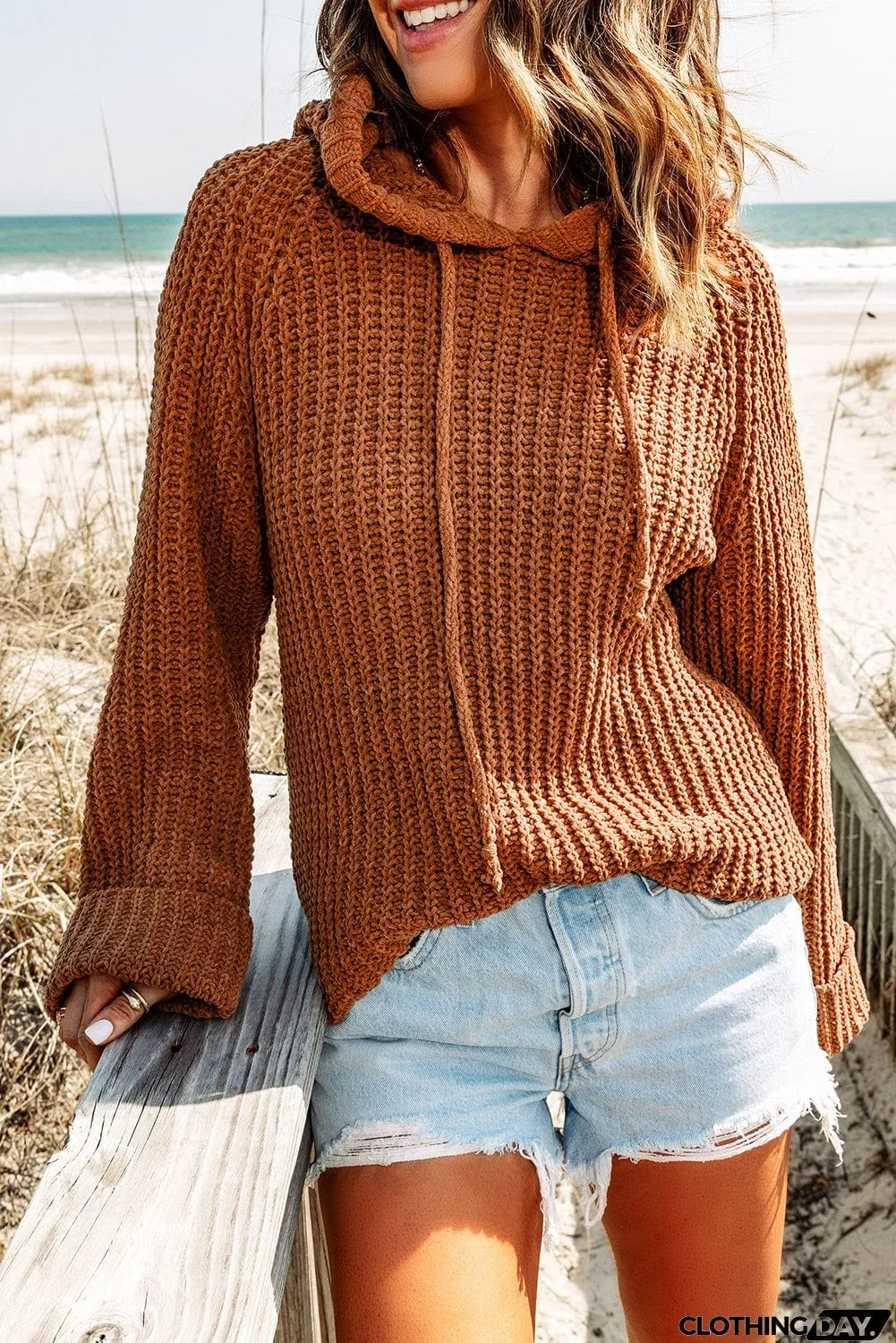 Drawstring Knit Hooded Sweater