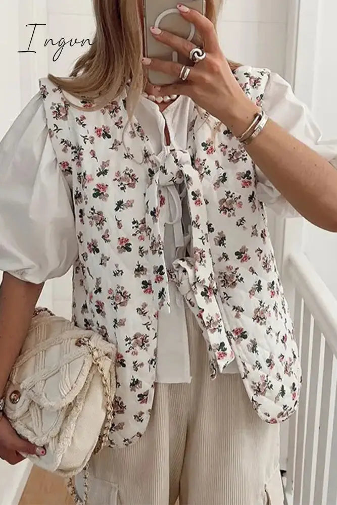 Casual Sweet Print Flowers Frenulum V Neck Tops White / S Tops/Vests & Waistcoats