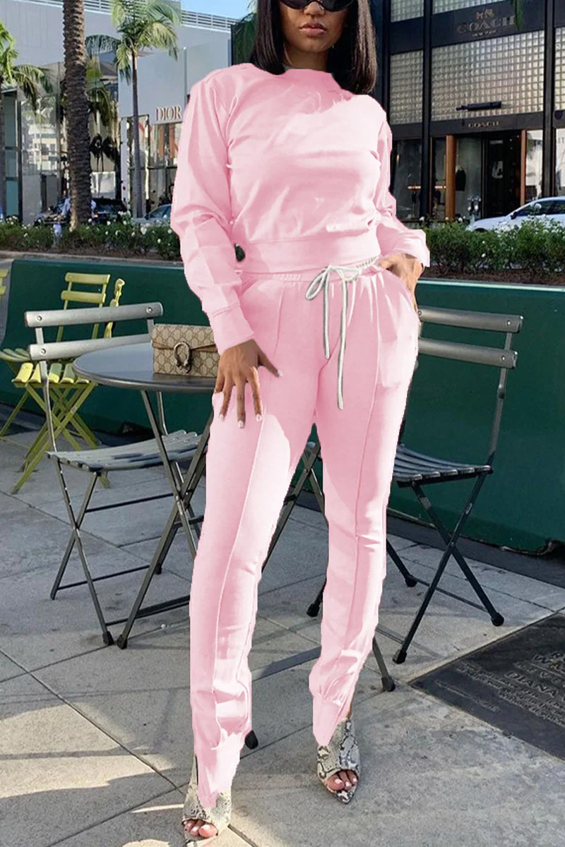 Pink Casual Solid Patchwork O Neck Long Sleeve Two Pieces | EGEMISS