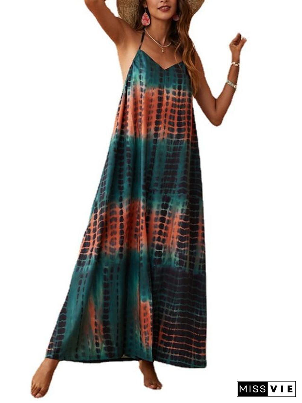 Women's Strap Dress Maxi long Dress Sleeveless Color Block Backless Summer Casual  Blue One-Size