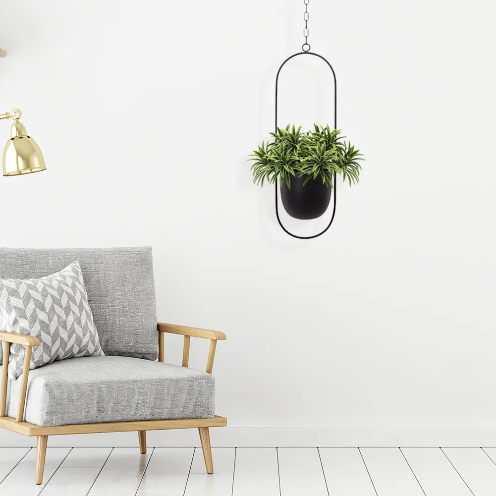 Nordic Hanging Iron Flower Pot Garden Succulent Chain Hanger Basket (Black)
