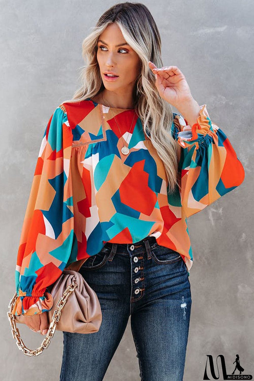 MidiSono - Abstract Pattern Crewneck Ruffled Puff Sleeve Blouse