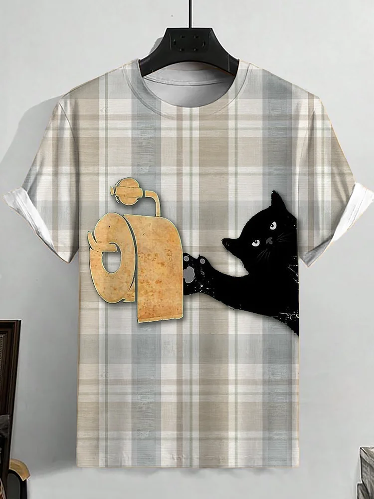 Men's Vintage Black Cat Playing Tissue Art Casual T-Shirt