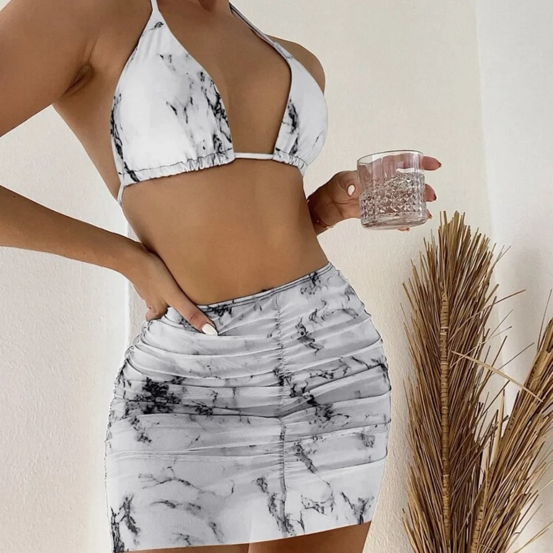 Brownm 2022 New Marble Printed Mesh Three-Piece Short Skirt Swimsuit Bikini