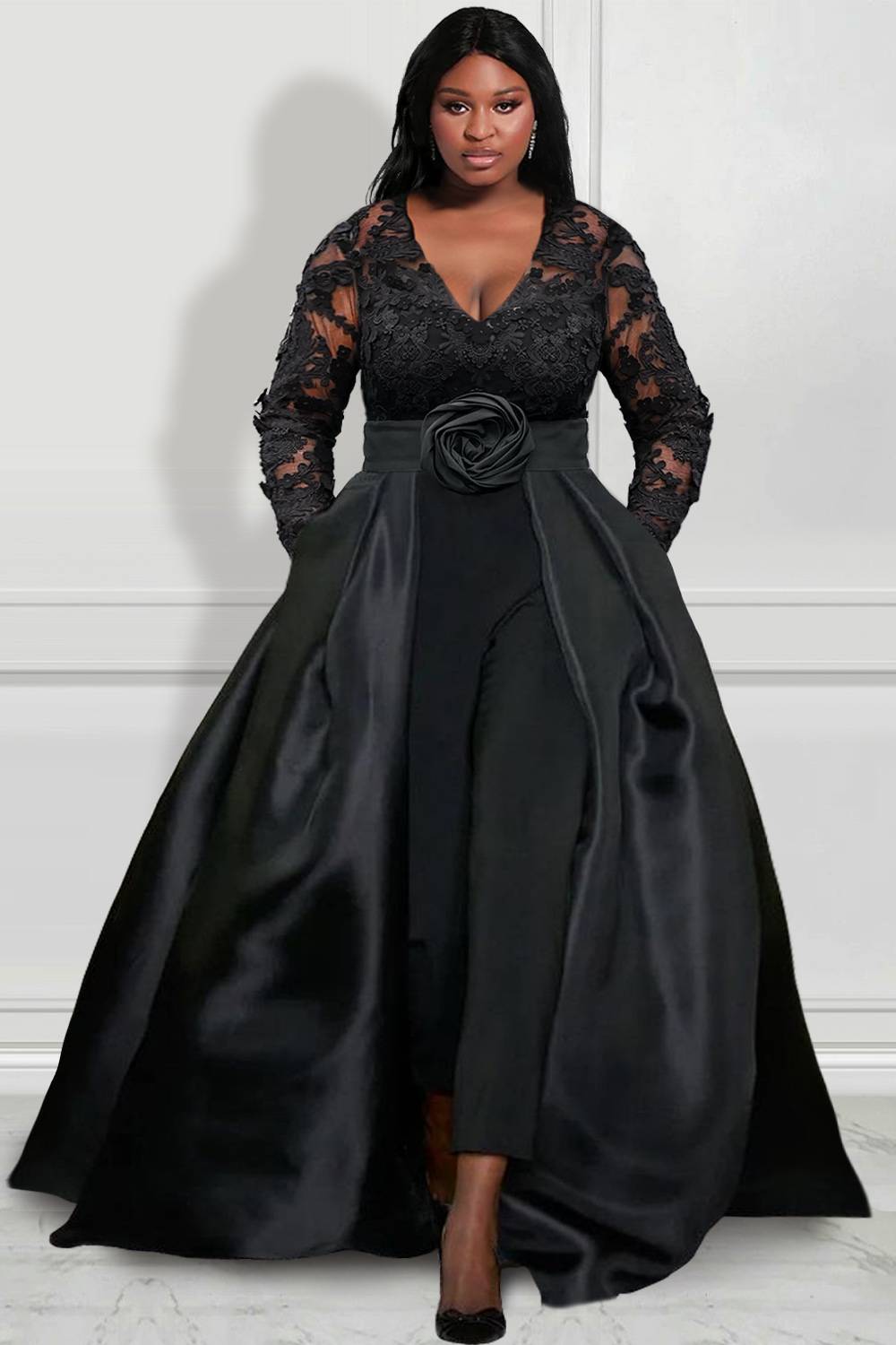 Design Plus Size Formal Jumpsuit Black Satin V-Neck Lace Long Sleeve Overlay Skirt Jumpsuit