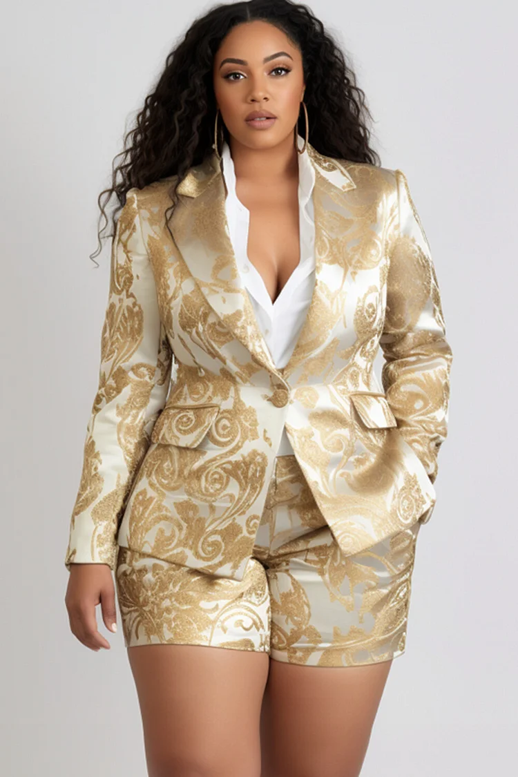 Xpluswear Design Plus Size Business Casual Gold Elegant All Over Print Turndown Collar Long Sleeve Pocket Two Piece Short Sets [Pre-Order] 2024 - Xpluswear