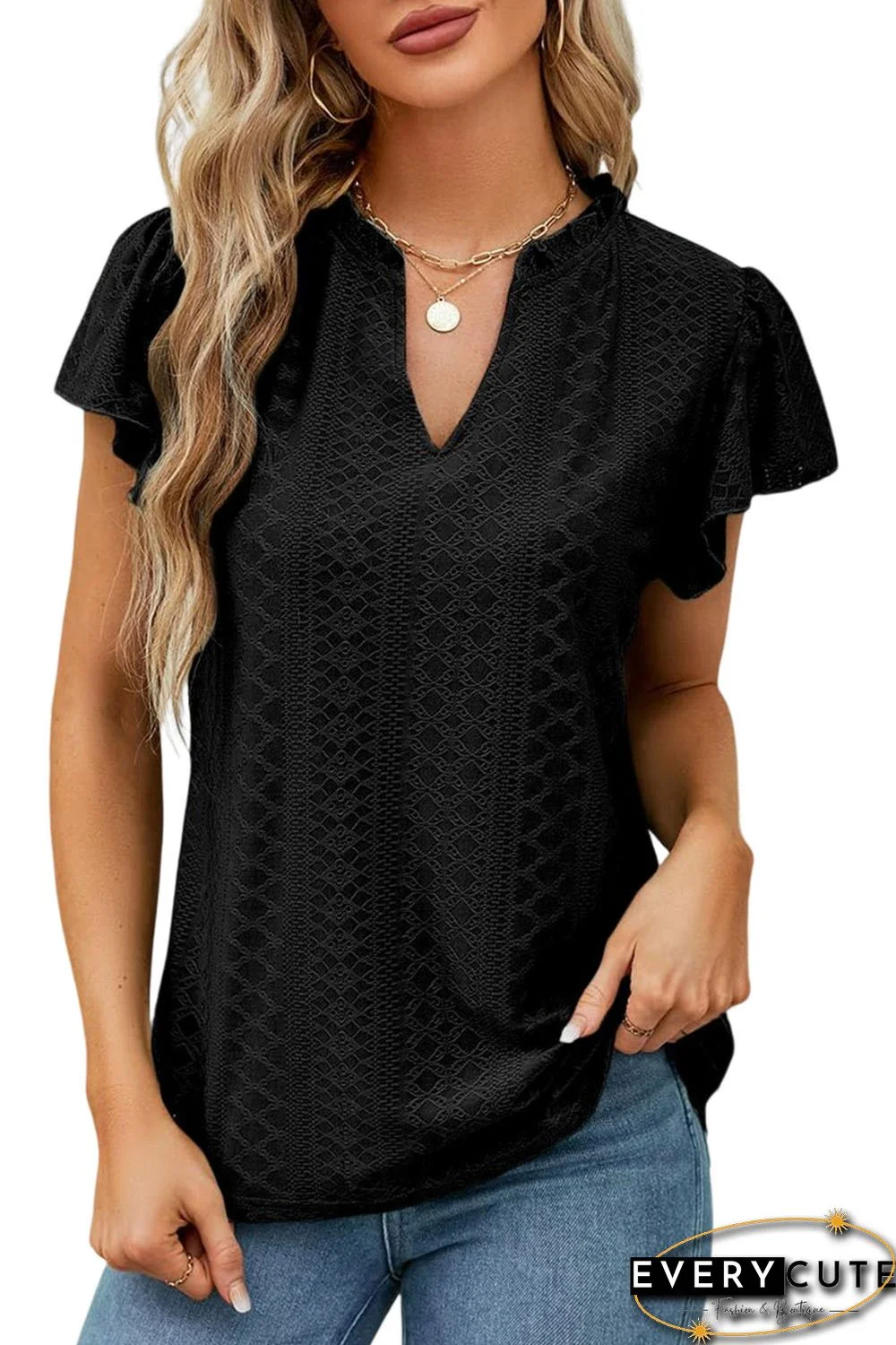 Black Eyelet Lace Textured V Neck Flutter Blouse