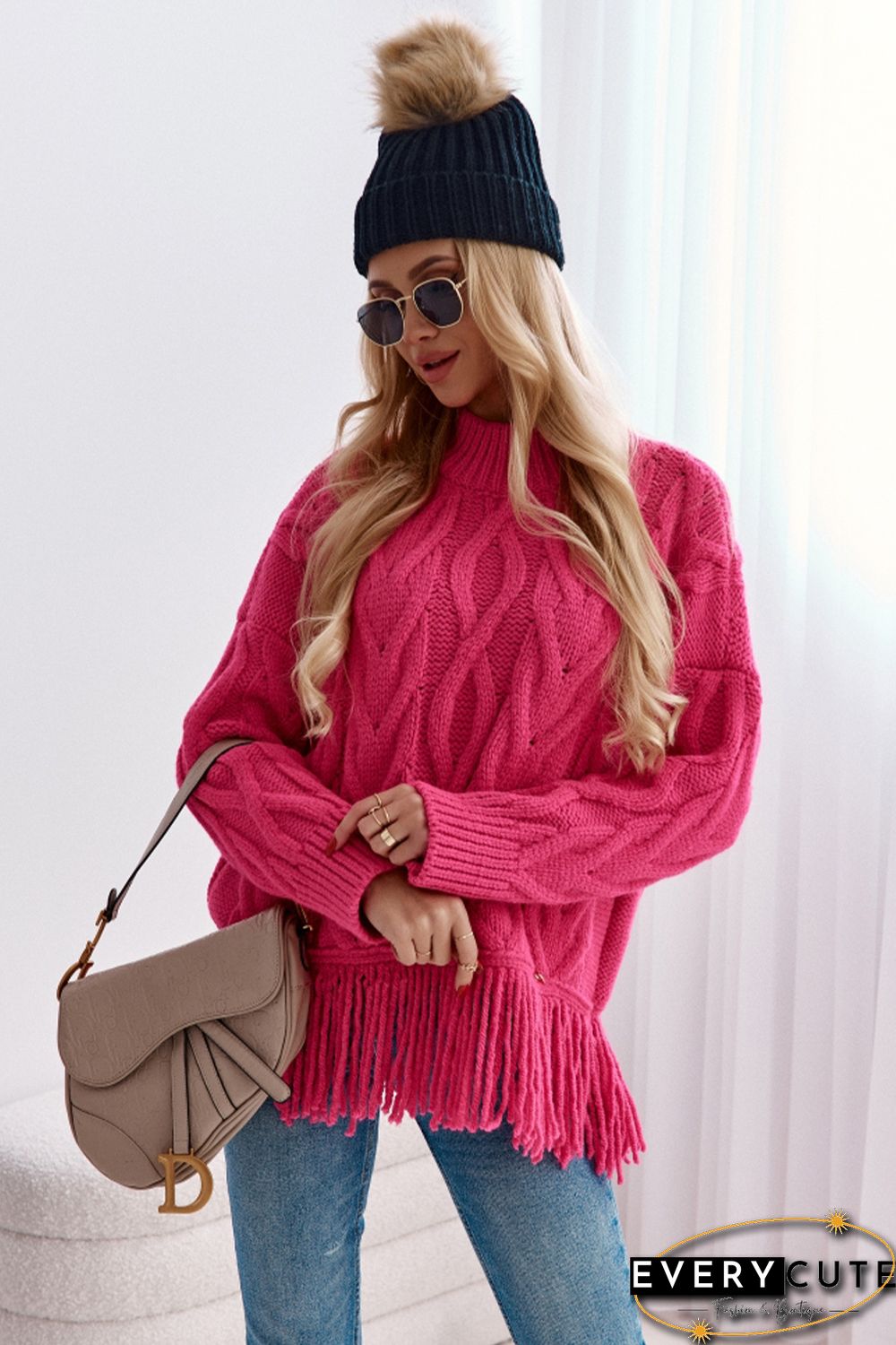 Rose High Neck Cable Knit Tasseled Sweater