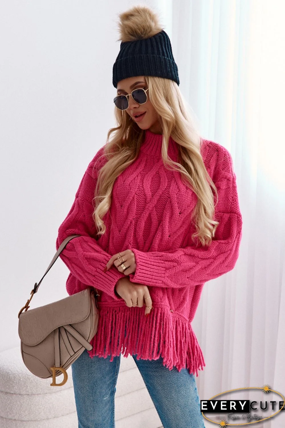 Rose High Neck Cable Knit Tasseled Sweater