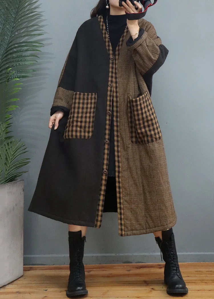 Vintage Coffee Plaid Pockets Patchwork Thick Long Coat Fall