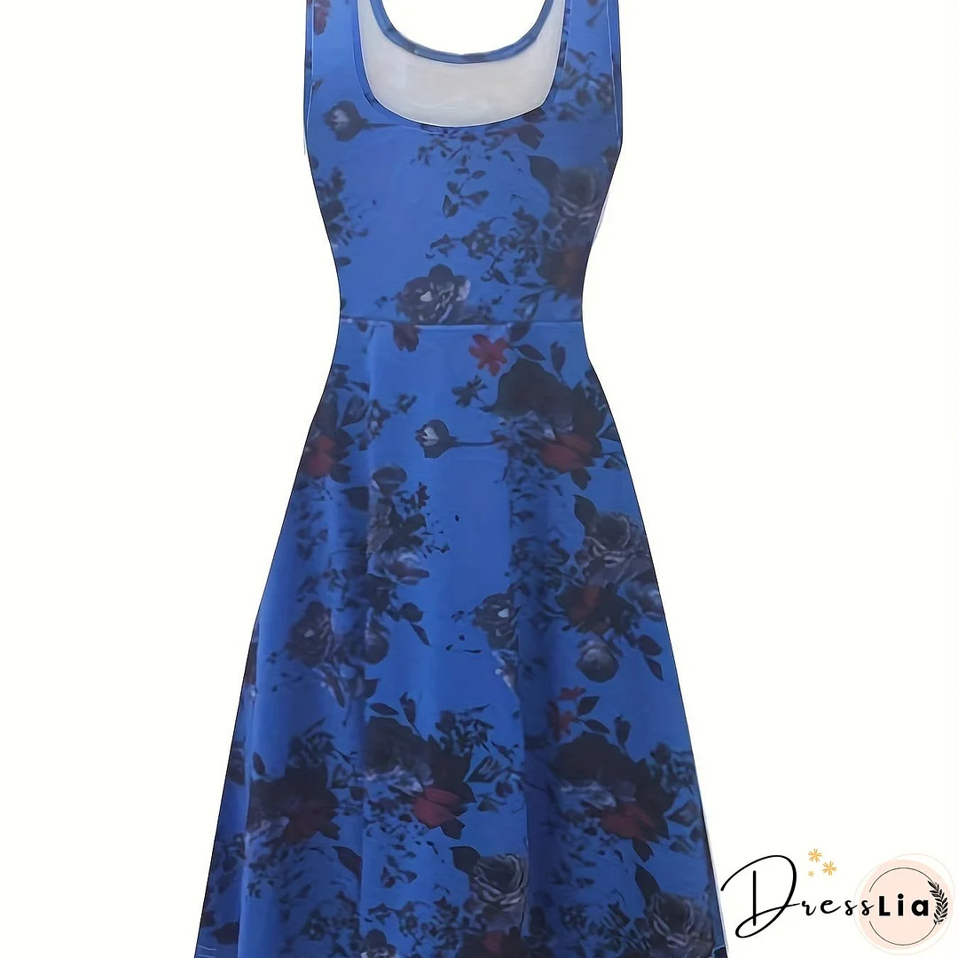 Plus Size Elegant Dress, Women's Plus Floral Print Round Neck Medium Stretch Tank Dress