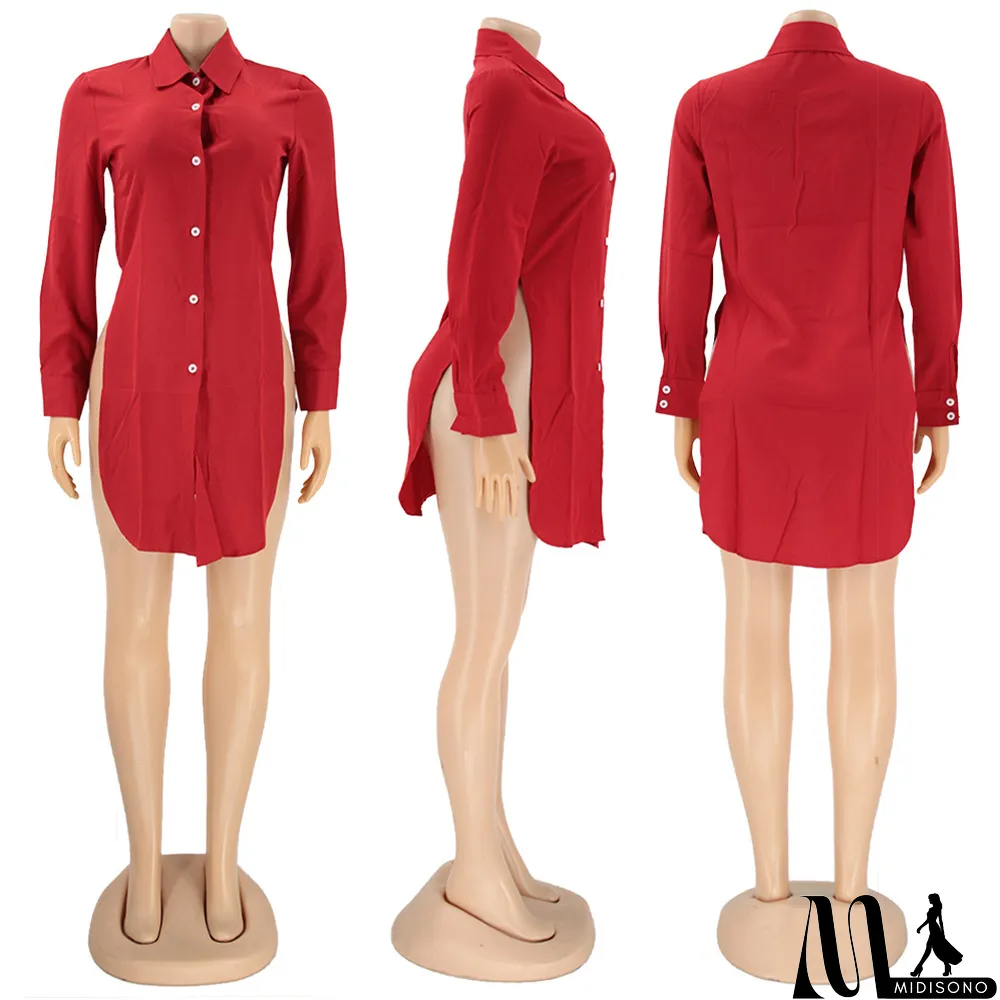 MidiSono - Plus Size Long Sleeve Split Hem Shirt Top