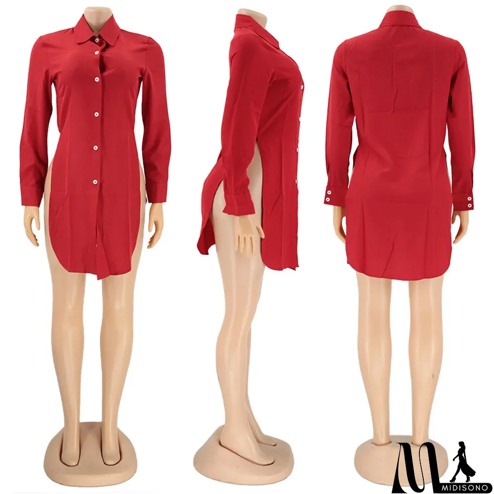 MidiSono - Plus Size Long Sleeve Split Hem Shirt Top