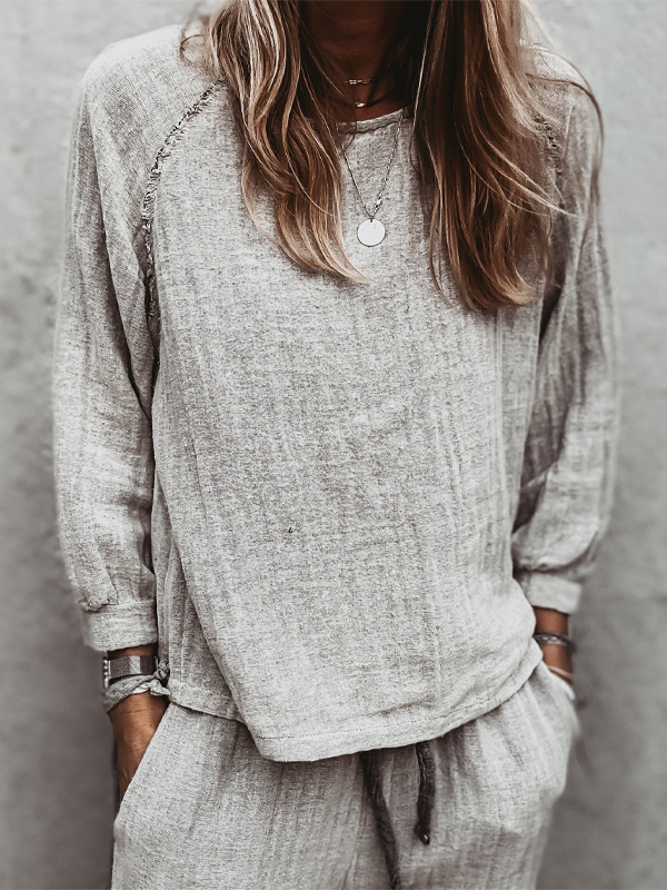 Solid Color Cotton And Linen Round Neck Pullover Top hjn Shicloths
