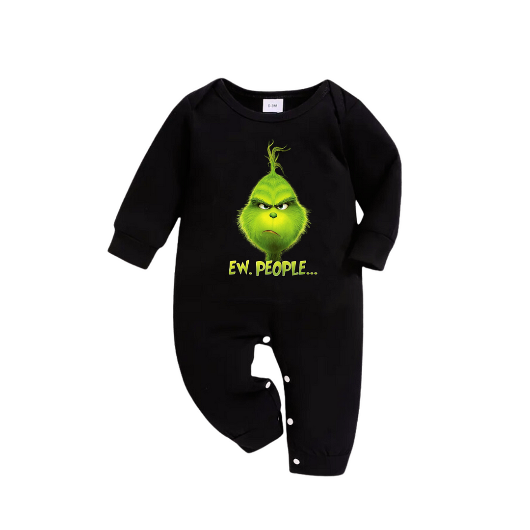 Christmas Cartoon Face and Text Print Black Long Sleeve Top with Green and Black Plaid Family Matching Pajamas