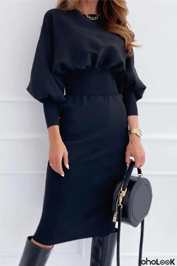 Casual Solid Color Round Neck Waist Bag Hip Dress