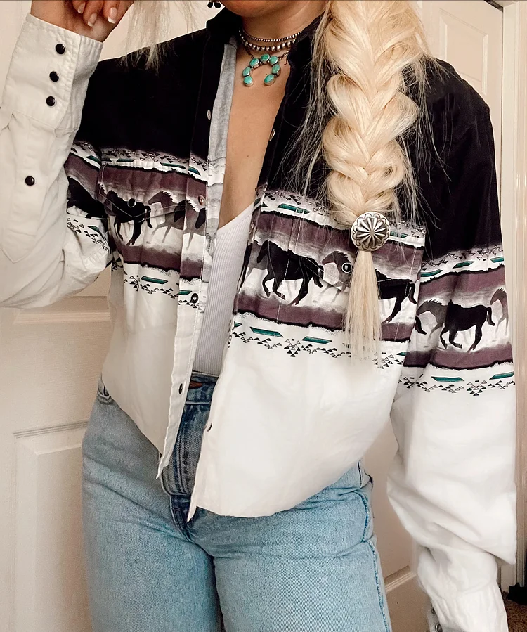 Western Horse Print Cropped Button Down Jacket