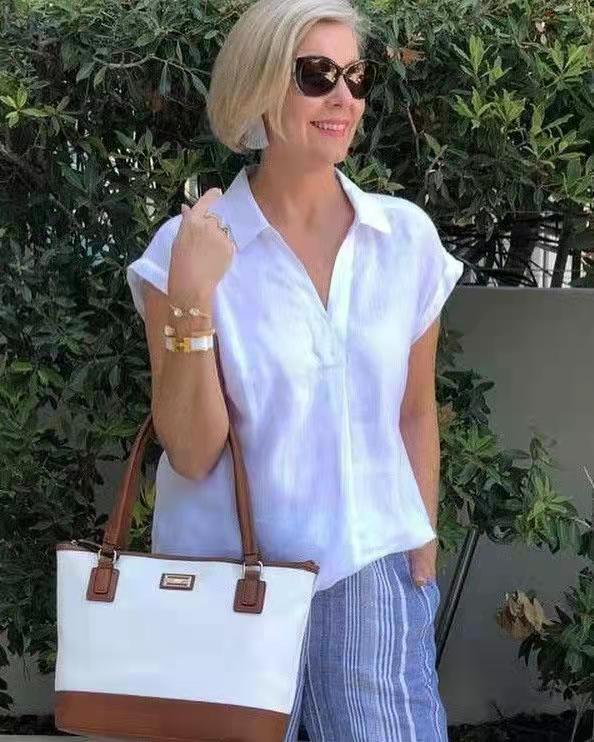 off-Shoulder White V-Collar Pullover Temperament Commute Cotton Shirt