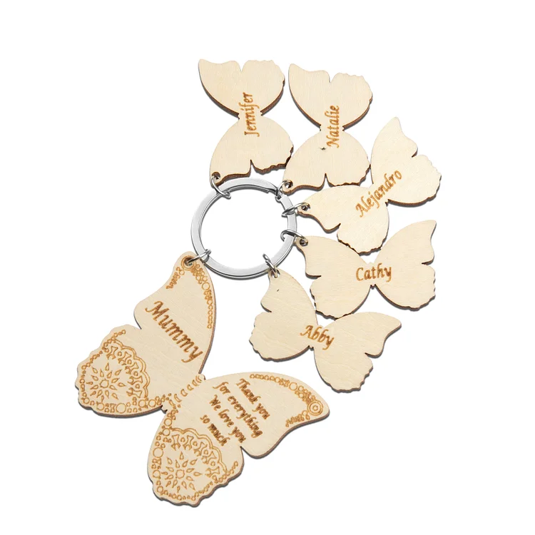 Personalized Wooden Butterfly Keychain Engraved 6 Names Keychain Gifts For Her