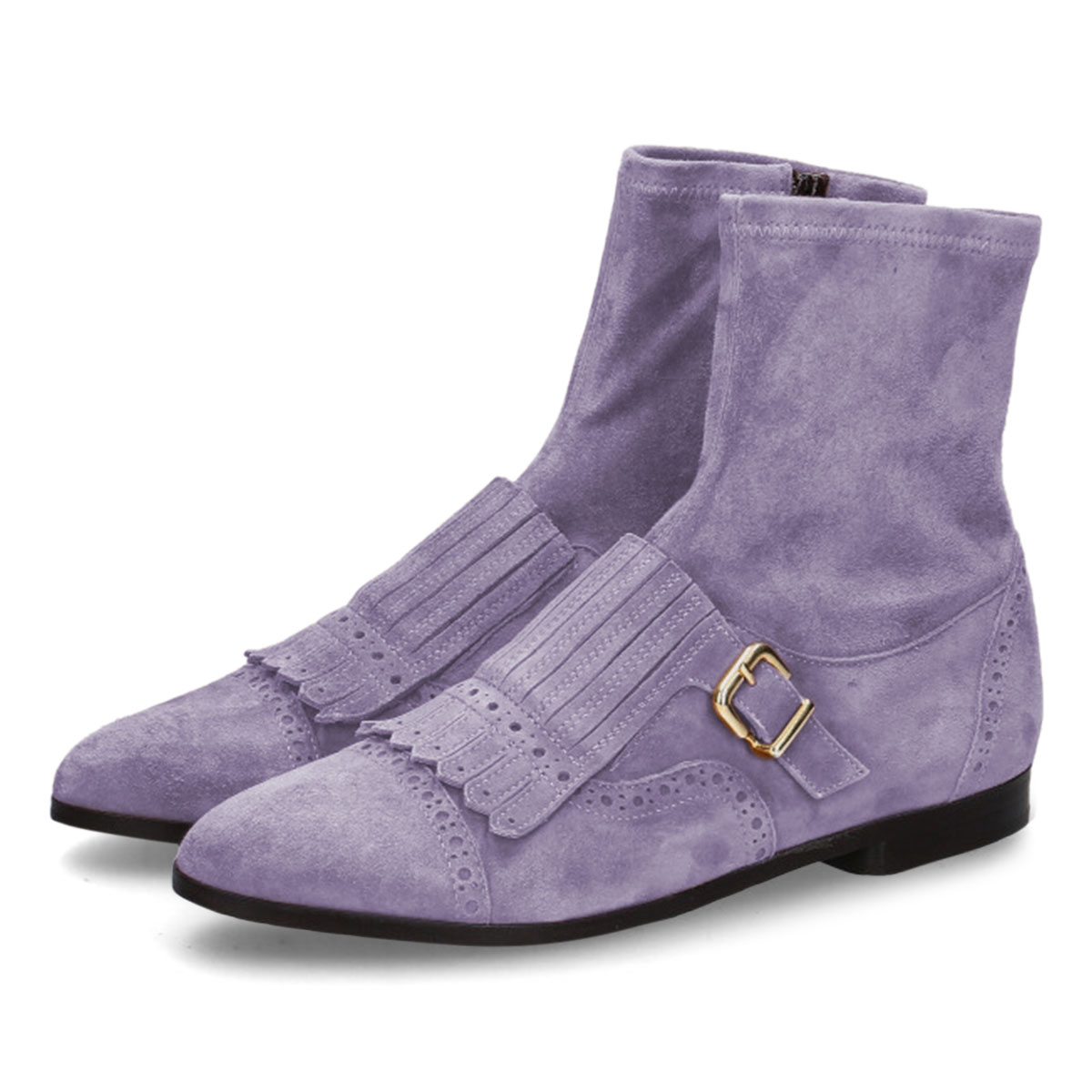 Purple Zip Round Toe Fringe Buckle Strap Flat Short Boots for Women Nicepairs