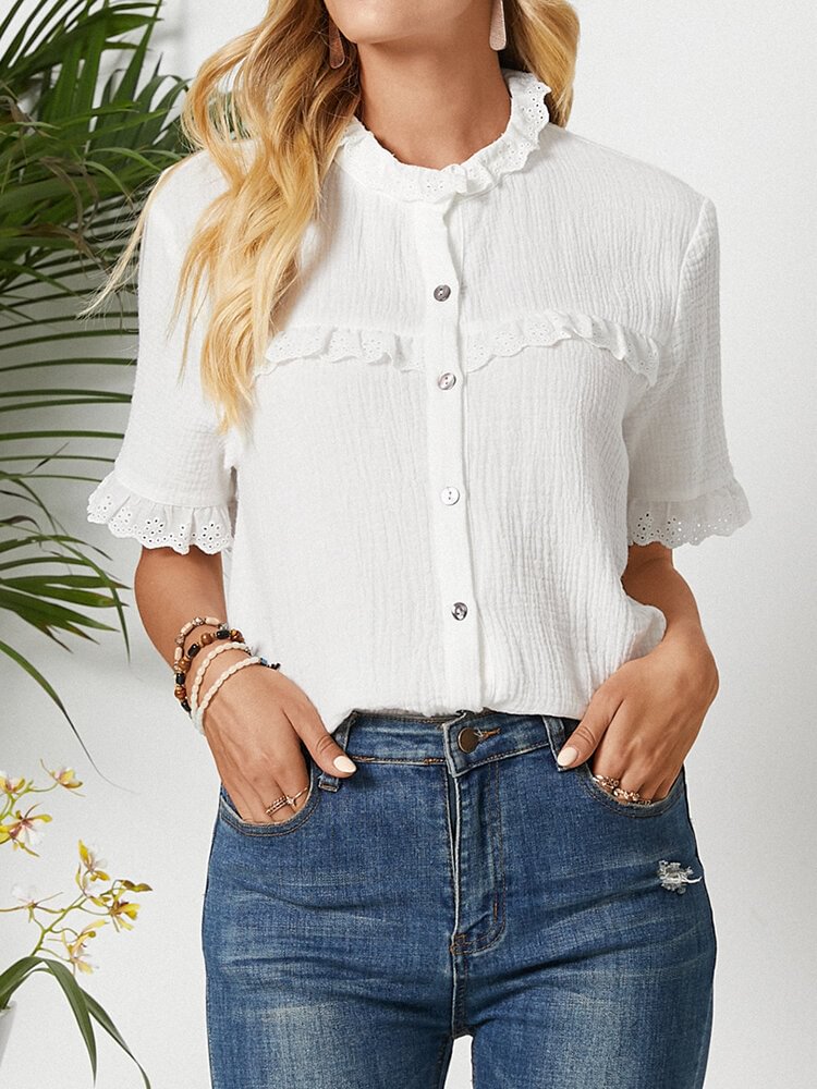 Lace Patchwork Solid Color Button Short Sleeve Women Blouse P1847677