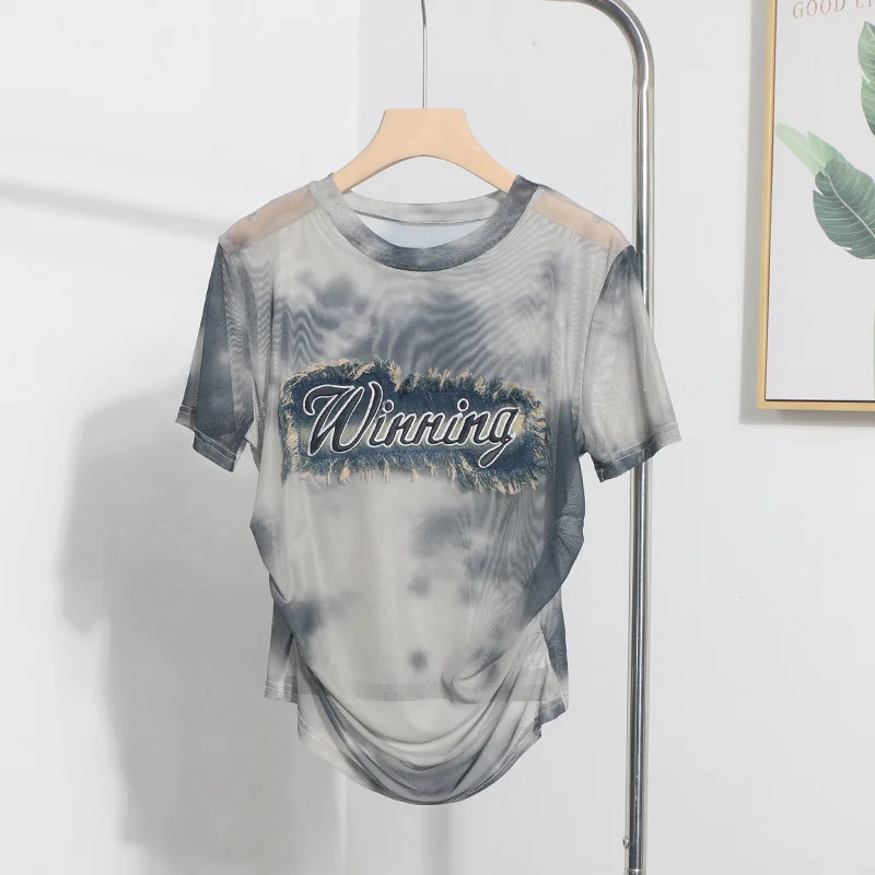 Churchf Real Shooting Embroidery With Straight Shoulder Short-Sleeved Mesh T-Shirt Fold Irregular Perspective Hood Top 25821