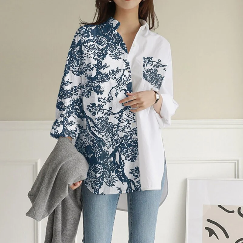 Jangj Oversized Casual ZANZEA Women Printed Patchwork Shirts Blouse 2022 Spring Retro Long Sleeve Top Tunic Loose Basic Blusas Chemise