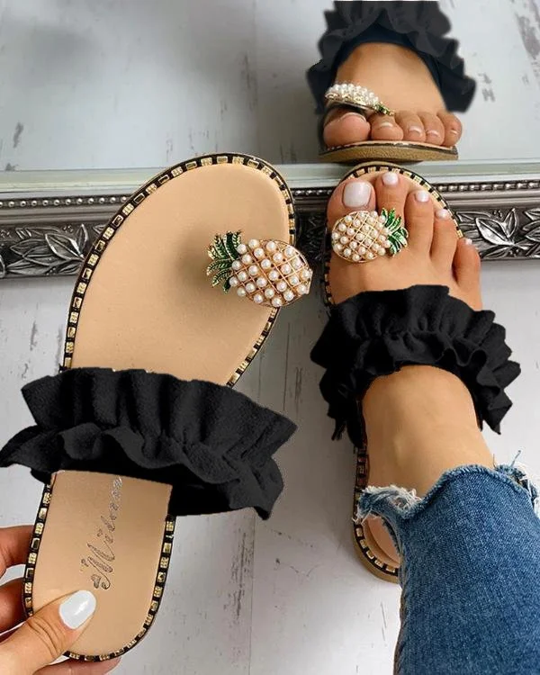 Women Slippers Female Outdoor 2020 Handmade Pearl Flat Bottom Toe Pineapple Slippers Fairy Style Plus Size 35-43