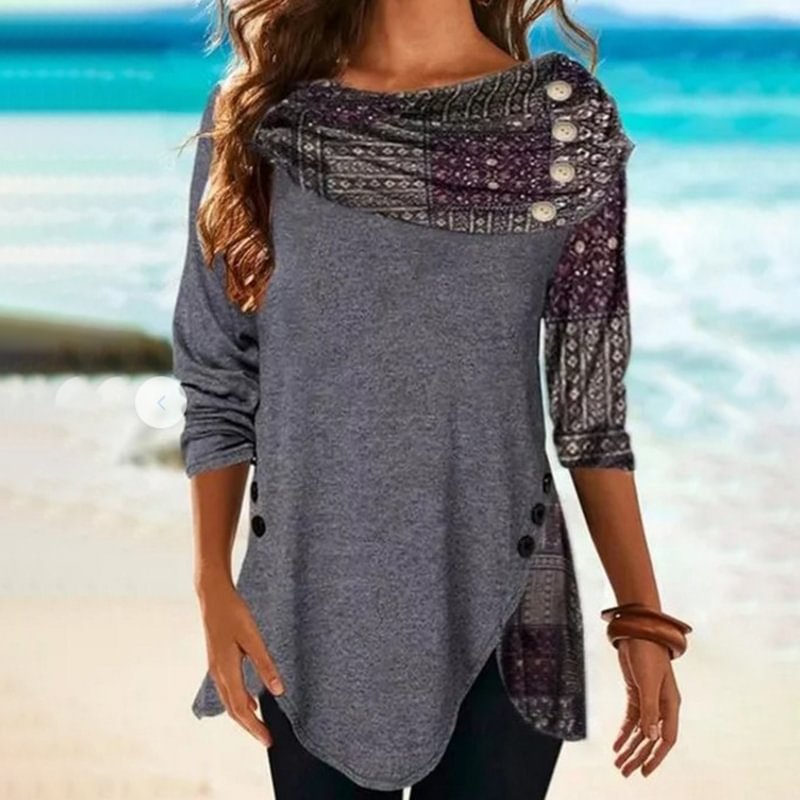 Pile Collar Button Down Tribal Printed Long Sleeve Casual T-Shirt