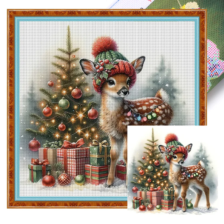 【Huacan Brand】Snowman And Deer 18CT Stamped Cross Stitch 30*30CM