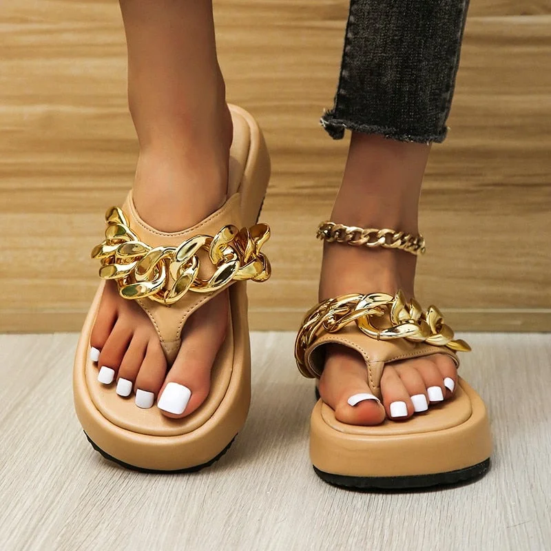 Vstacam Back to school Summer Trend Sandals Women Thick Platform Sole Golden Chain Decoration Fashion Sexy Ladies Shoes Ytmtloy House Slippers