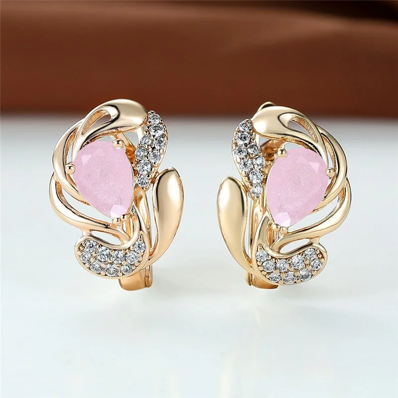 Luxury Female Blue Rainbow Stone Earrings Gold Color Clip Earrings For Women Charm Crystal Zircon Wedding Earrings