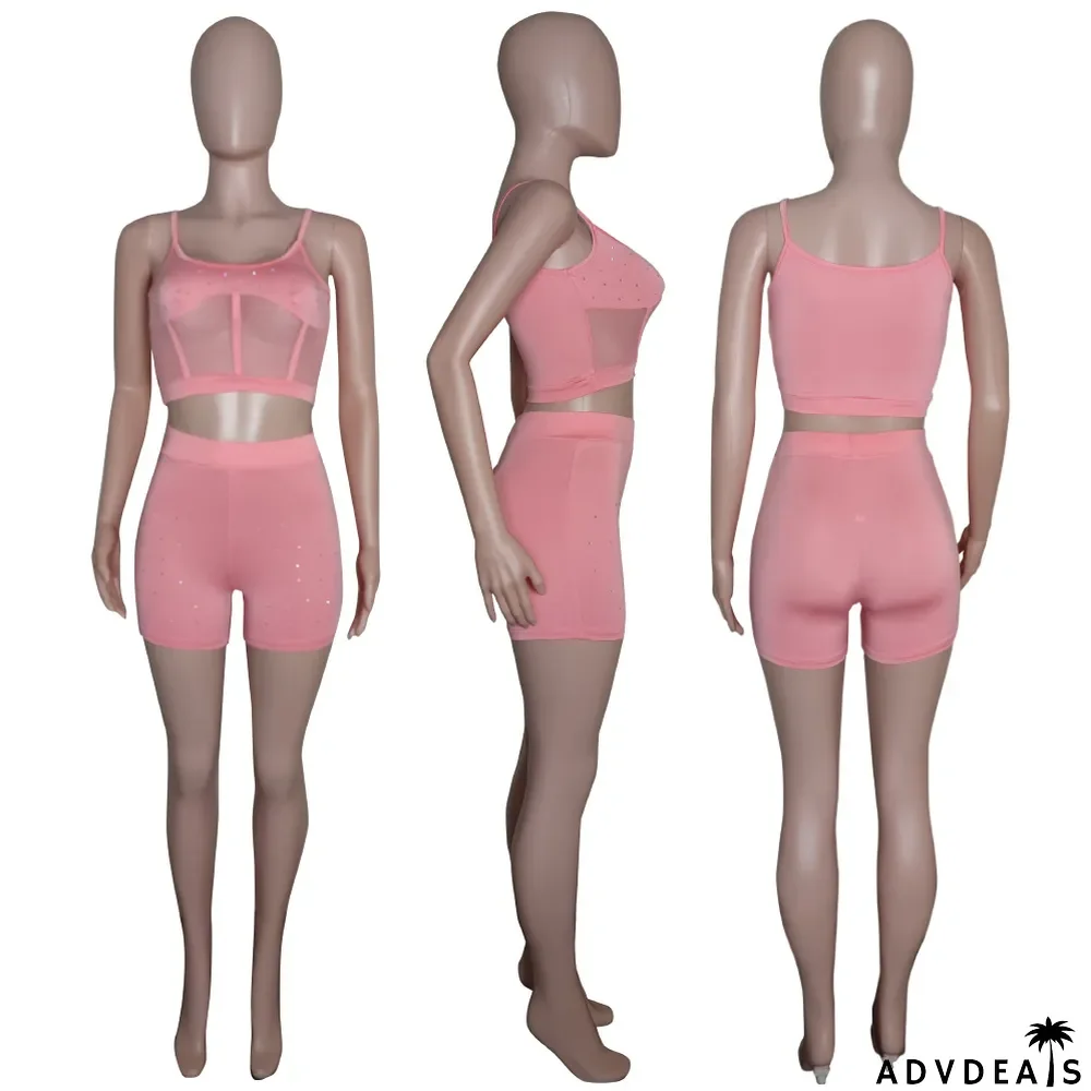 Solid Color Stitching Mesh Top Camisole Suit