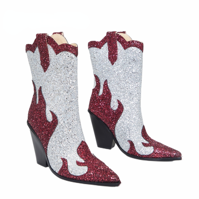 VCSHOES Women's Cowgirl Ankle Boots Bling Red And Silver Glitter Flame Pull On Boots Pointy Toe Chunky Heels Western Cowboy Booties