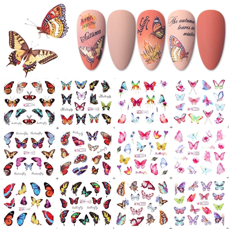 12 Designs Nail Stickers Set Mixed Floral Geometric Nail Art Water Transfer Decals Sliders Flower Leaves Manicures Decoration-Nail Inspo