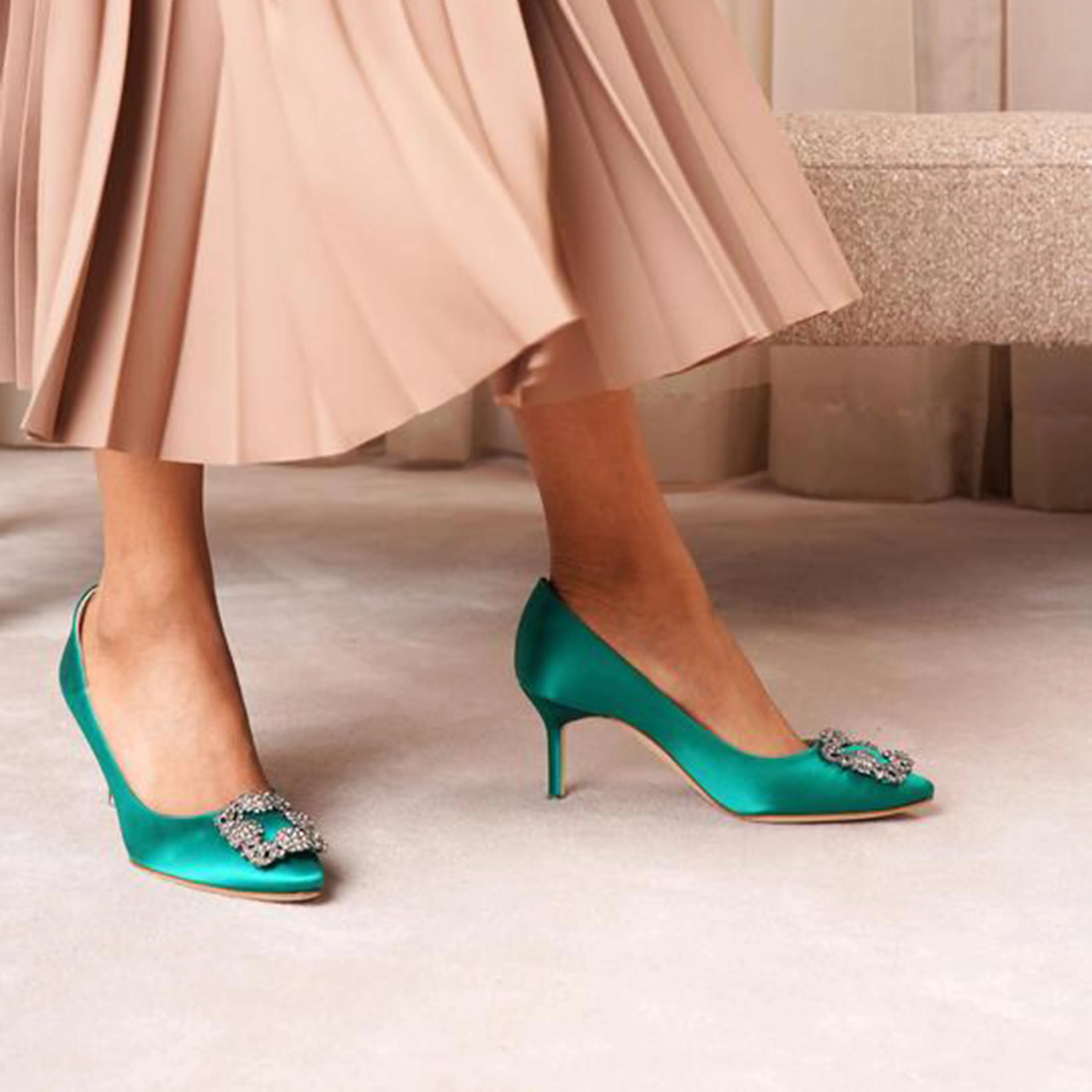 75mm Women's Slik Shoes Diamond Party Wedding Green Pumps-vocosishoes